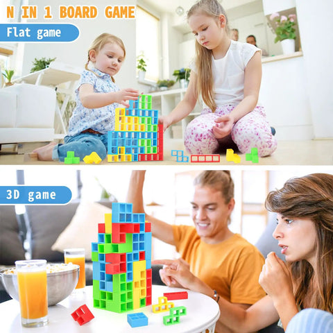 Kids playing with a 48 Piece Stack Up Tower Game For Adults And Kids Chill Family Game Night Balance Building Blocks Indoor Outdoor Playset.