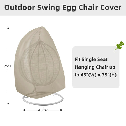 Patio Hanging Egg Chair Cover With Zipper UV Resistant Waterproof Outdoor Shield for 75H x 45W Single Seat Swing Chair