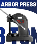 Rock Solid 3 Ton Manual Arbor Press With Smooth Turn Hand Wheel for desktop punching and stamping on a blue background.