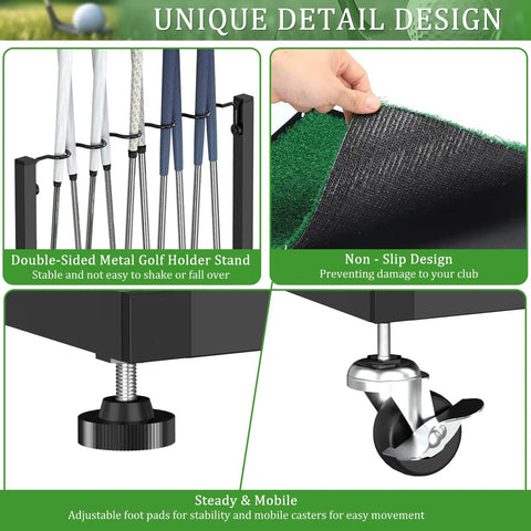 Sturdy Ten Club Golf Storage Rack Stand for Garage and Home Golf Simulator detail with adjustable feet and casters