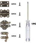 Retro Jewelry Box Hardware Kit 108 Pieces With Antique Brass Hinges and Latches shown with screws and screwdriver
