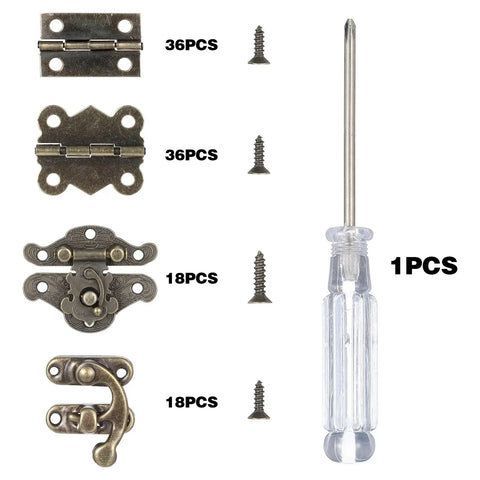 Retro Jewelry Box Hardware Kit 108 Pieces With Antique Brass Hinges and Latches shown with screws and screwdriver