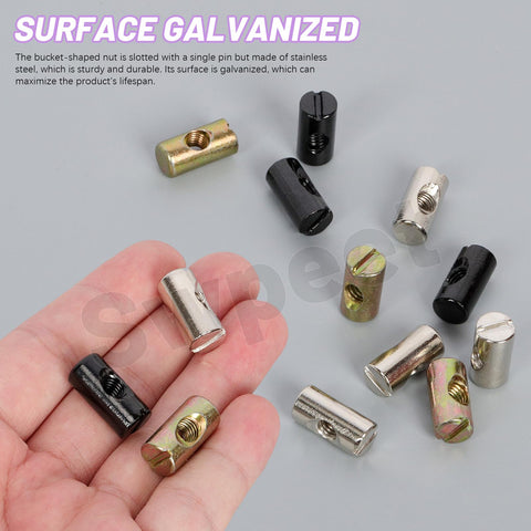 50Pcs M6x20mm Zinc Plated Barrel Nuts Kit For Furniture Assembly No Brainer Install shown in hand and scattered on surface.