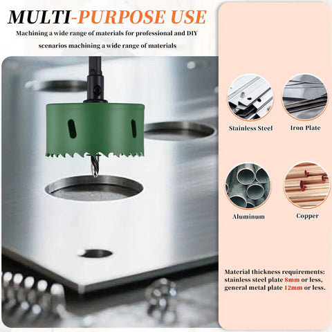 Heavy-Duty Metalixity Bi-Metal Hole Saw 8-7/8 Inch 225mm cutting through stainless steel and metal plates with pilot drill bits.