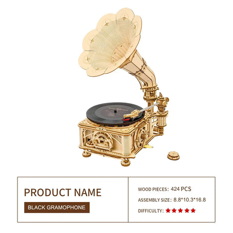 3D Wooden Gramophone Puzzle For Adults DIY Mechanical Model Kit 1 To 1 Replica Record Player With 7 Inch And 10 Inch Vinyl For Desk Display Home Decor Gift For Hobbyists Who Love Retro Vibes, 424 pcs wooden gramophone with 10-inch record