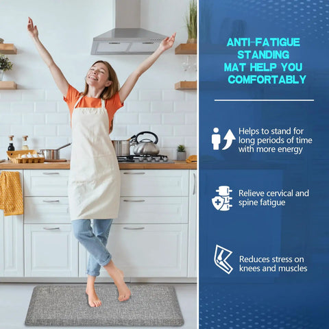 Woman standing on No Slip 0.875 Inch Thick Anti Fatigue Kitchen Floor Mat in light gray, highlighting ergonomic comfort and durability.