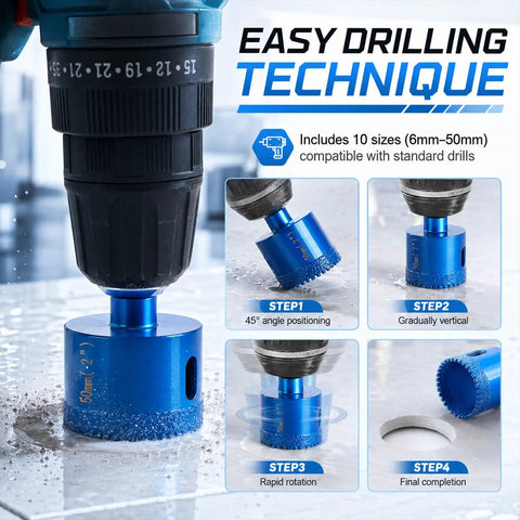 Top Rated 10 Pc Diamond Hole Saw Kit With Serrated Brazed Cutting Bits, Triangle Shank Guide Jig And Bag For Drilling Ceramic Tile Glass Granite Porcelain Smoothly Dry Or Wet Installation Projects. 50mm hole saw drilling tile steps