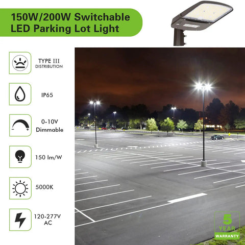 Total Game Changer Dusk To Dawn Led Parking Lot Light illuminating a large empty parking lot at night with crisp 5000K glow.
