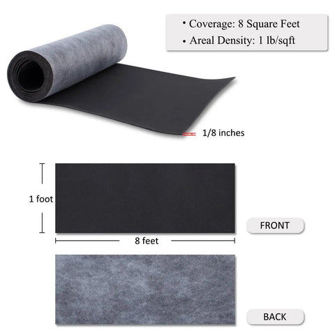 Pro Level Mass Loaded Vinyl Soundproofing Barrier One By Eight Feet MLV Noise Dampening Quilt showing 1/8 inch thick roll and texture.