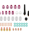 Pro Grade 49 Piece TIG Welding Torch Kit with gas lens, alumina nozzles, glass cups, copper collets, stubby back cap visible