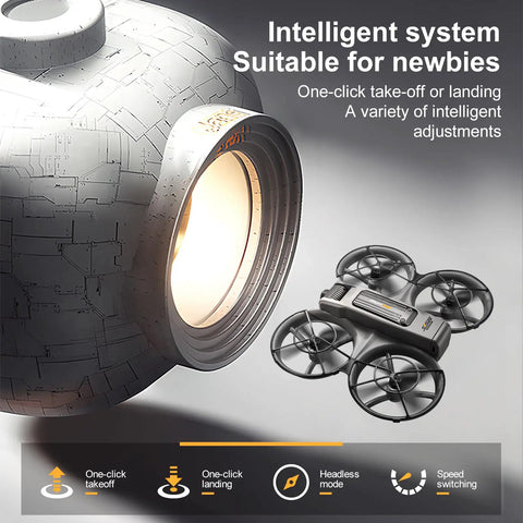 Big Screen Remote Control Drone With Dual Cameras, hovering near a large futuristic device, showcasing full prop guard.