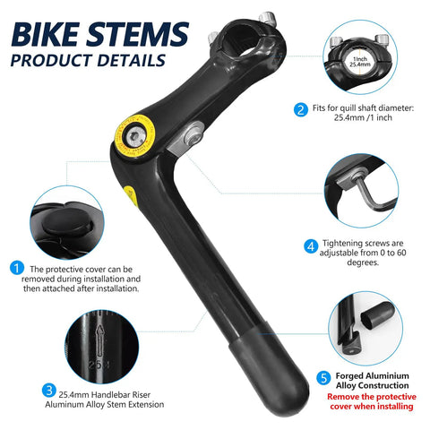 Beefy Black Adjustable Quill Stem 25.4mm Clamp Aluminum Alloy Bike Stem With 180mm Reach And 110mm Extension, details shown