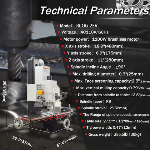 Technical parameters of Real Deal Benchtop Milling Machine With 1100W Brushless Motor And Variable Speed Control.