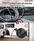 Hardcore Workhorse Retractable Air Hose Reel Runs 50 Ft Of Hybrid Polymer Tubing With Slick Auto Rewind Tech And Heavy Duty Steel Arm Wall Mounted Tight For Quick Shop Jobs That Never Snag, showing clean and organized setup.