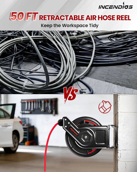 Hardcore Workhorse Retractable Air Hose Reel Runs 50 Ft Of Hybrid Polymer Tubing With Slick Auto Rewind Tech And Heavy Duty Steel Arm Wall Mounted Tight For Quick Shop Jobs That Never Snag, showing clean and organized setup.