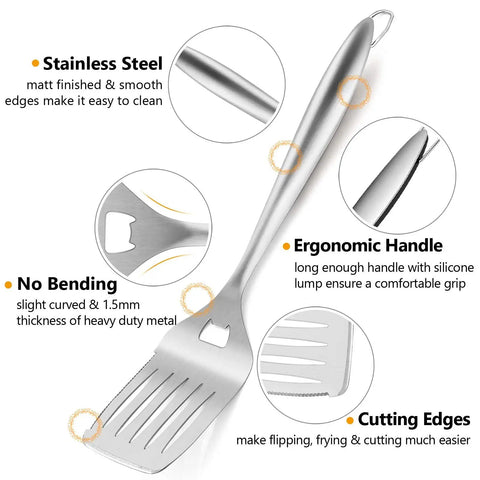 Heavy Duty Stainless Steel Grilling Utensil Set 18 Inch With Carry Bag For Outdoor Cooking And Camping Spatula Tongs Meat Fork Basting Brush Cleaning Brush A Great Gift For Men Grill Master Approved focused on spatula details