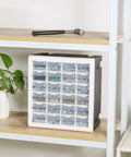 24 Drawer Plastic Parts Cabinet Organizer For Tools And Hardware on a shelf, stackable wall mount storage box for screws and nuts.