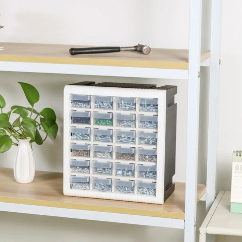 24 Drawer Plastic Parts Cabinet Organizer For Tools And Hardware on a shelf, stackable wall mount storage box for screws and nuts.
