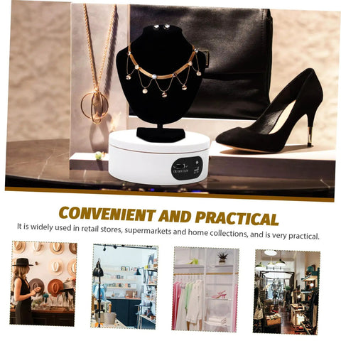 Electric Turntable Display Plate And Rotating Stand For Jewelry Show Photography Prop showcasing a necklace on a black bust.