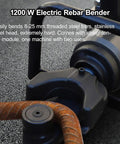 VgtHK 1200W Electric Hydraulic Rebar Bender showing a close-up of the stainless steel head and bent rebar, handles 8-25mm rods.