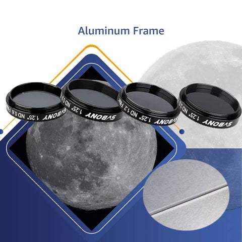 Dope 1.25 Inch Moon Filter Kit With ND4 ND8 ND16 ND1000 For Telescopes, showing aluminum frame and lunar detail view.