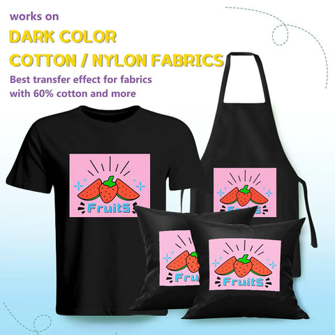 Image showing Dark Color T Shirts Heat Transfer Paper 11x17 Inch Pack Of 10 For Inkjet Printers on T-shirt, apron, pillows with fruit design.