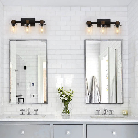 3 Light Rustic Wood Vanity Light With Clear Glass Shades Modern Black Farmhouse Bathroom Over Mirror Fixture in white bathroom
