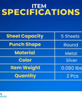 Specifications table for Two Pack Handy Single Hole Puncher For Paper One Quarter Inch Hole Size Durable Metal Construction Handheld Punch Tool