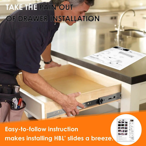 Man installing The Real Deal Heavy Duty Soft Close Drawer Slides 22 Inch Full Extension with hydraulic damper in kitchen cabinet.