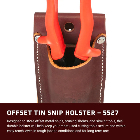 Offset Tin Snip Holster showing Wiss M6 snips in premium leather, fits belts up to 3 inches; durable tool holder for pruning shears