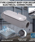 Built Tough Four Pack T Type Conduit Bodies Three Quarter Inch Threaded Die Cast Aluminum Electrical Junction Boxes with weather resistance