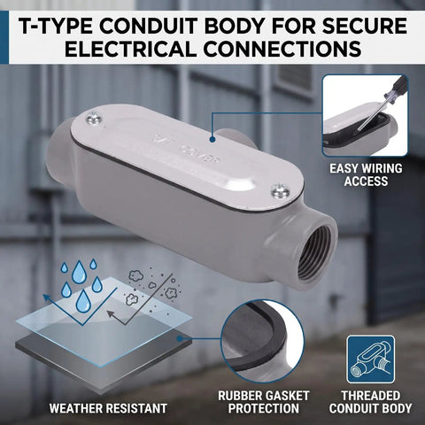 Built To Last 4 Pack 3/4 Inch T Type Conduit Body Electrical Junction Box featuring weather-resistant design and easy wiring access.