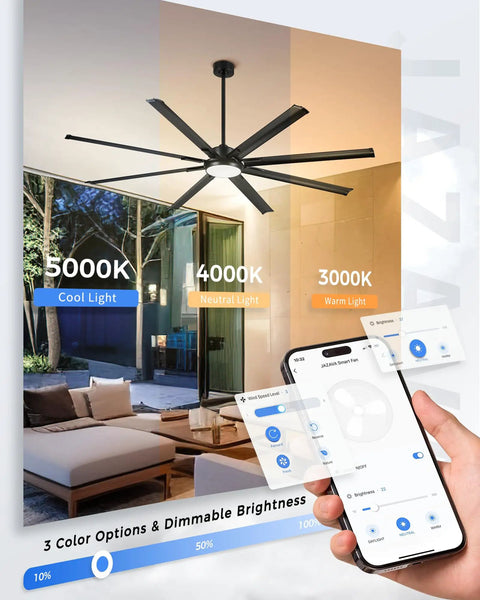 84 Inch Industrial Ceiling Fan With Light For Covered Outdoor Spaces, showing app control and three CCT settings.