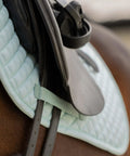 Side view of Dressage Saddle Pad With Moisture Wicking Tricot Backing In Misty Jade for everyday riding comfort on horse
