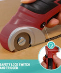Cordless Electric Scissors For Cardboard And More 240 RPM Box Cutter That Slices Through Quarter Inch Materials With Ease showing safety lock switch and trigger