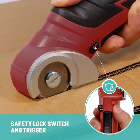 Cordless Electric Scissors For Cardboard And More 240 RPM Box Cutter That Slices Through Quarter Inch Materials With Ease showing safety lock switch and trigger