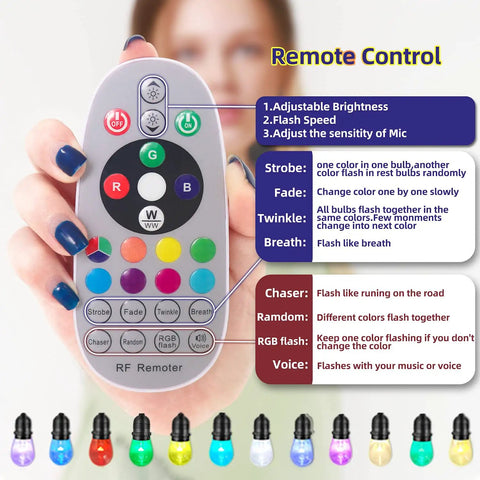 Remote control for Outdoor String Lights For Patio And Backyard 48 Feet RGBW LED Bulb Set with colorful buttons and settings.