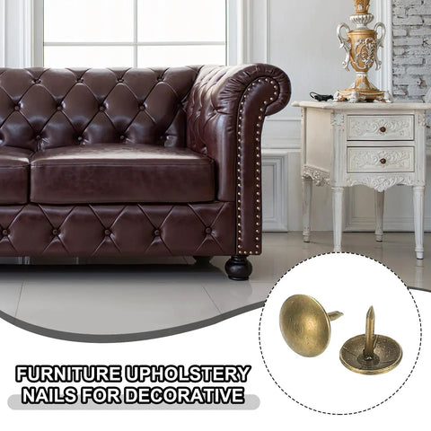 Total Breeze 100 Pcs Top Shelf Upholstery Tacks With 3/8 Inch Round Head And 0.35 Inch Length Smooth Metal Push Pins in use on a sofa.