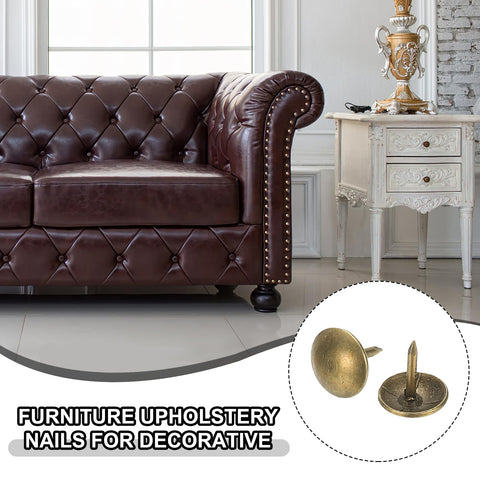 Straight Up Premium 200 Pack Heavy Duty Upholstery Tacks With Round Metal Thumb Nail Pins Vintage Hardware For Sofa Chair Fixing And Custom Furniture Craft Built To Last displayed next to a brown tufted leather sofa.