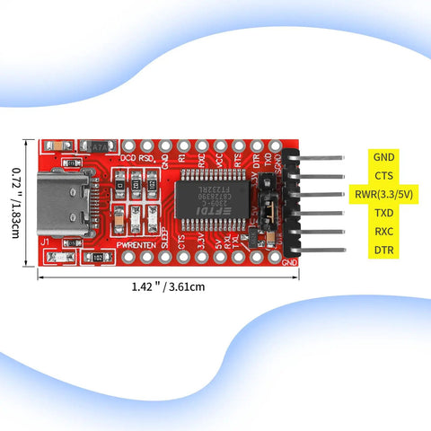 USB To TTL Serial Converter Adapter With Type C Cable For Arduino FT232RL FTDI Breakout Board 3.3V 5V with pin labels and dimensions