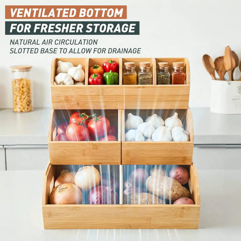 Three Tier Stackable Bamboo Veggie And Fruit Storage Bins, Ventilated Pantry Organizer With Slide Out Design For Onion, Potato, And Produce, A Kitchen Must Have That Keeps Veggies Fresh And Pantry Neat
