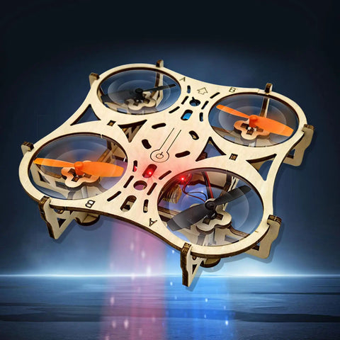 Beginner Friendly Wooden Drone Kit With Beech Wood Frame And Protective Cage One Key Takeoff Quad in flight, glowing on the ground.