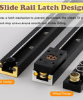 Smooth Operator 360 Degree Rotating Table Slide Track With Heavy Duty Aluminum Turntable showing latch and wheel designs for smooth sliding.