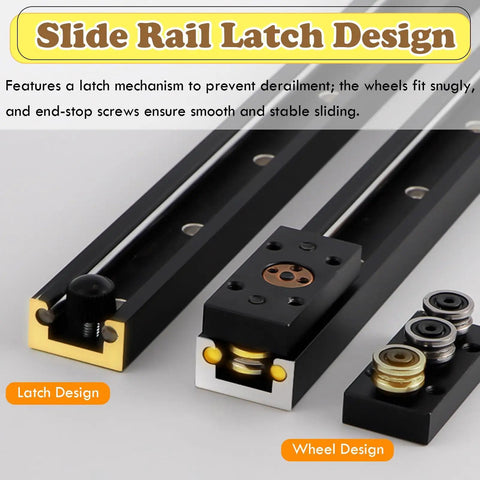 Smooth Operator 360 Degree Rotating Table Slide Track With Heavy Duty Aluminum Turntable showing latch and wheel designs for smooth sliding.