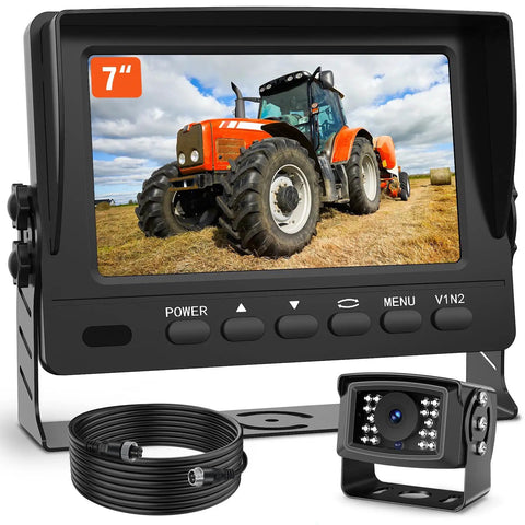 1080P Wired Backup Camera System For Tractors And Heavy Duty Farm Trucks 7 Inch HD Monitor displaying tractor, camera, and cable