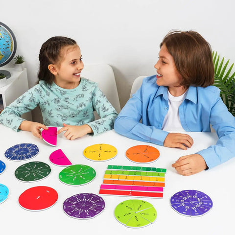 Children using Magnetic Fraction Tiles And Circles With Percentages For Classrooms, Hands On Fraction Manipulatives.