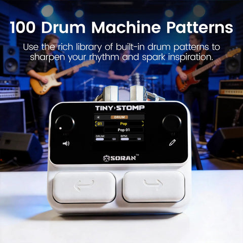 Tiny Stomp Multi Effects Guitar Pedal With 125 Effects 99 Presets displayed with 100 drum patterns on screen in music studio