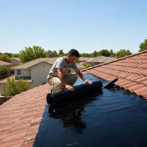 Man installing Rock Solid Self Adhesive Rubber Roofing Membrane Roll 39 By 164 Feet Waterproof Leak Tape on a tiled roof.