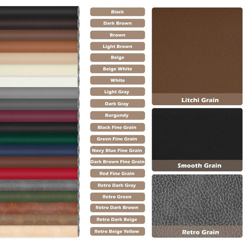 Leather Repair Tape color samples including black vinyl 16x40 inch, litchi, smooth, and retro grain textures for upholstery.