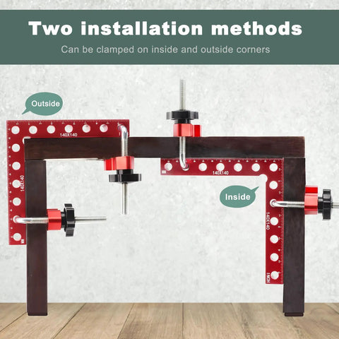 4 Pack 5.5 Inch 90 Degree Corner Clamps For Woodworking showing two installation methods for inside and outside corners.